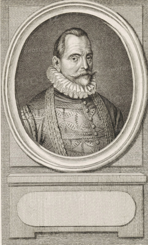 Portrait of Willem van Bloys van Treslong, print, Admiral of Zeeland., printmaker: Reinier Vinkeles (I), Amsterdam, after drawing by Jacobus Buys, 1792, paper, etching, engraving, height 235 mm x width 158 mm, Later state print used as book illustration in: Kok, Jacobus. Vaderlandsch woordenboek : met kaarten, platenen en porttraitten. Amsterdam: Johannes Allart, 1785-1796. Volume XXVIII., Person, Jonkheer Willem Bloys van Treslong, An engraved portrait of a man shown from the chest up within an oval frame set into a rectangular architectural panel; he has a high forehead, neatly combed hair, a curled mustache and pointed beard, and a composed facial expression; he wears a large pleated ruff collar, a richly patterned doublet with decorative buttons down the front, and a textured sash draped over his shoulder; the oval frame has multiple concentric rings and sits above a rectangular plinth with carved panels and linear shading.