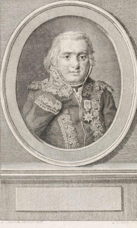 Portrait of Johan Arnold Bloys van Treslong, print, Rear Admiral of Amsterdam., printmaker: Reinier Vinkeles (I), Amsterdam, after drawing by Louis Moritz, 1772 - 1816, paper, etching, engraving, height 253 mm x width 168 mm, Person, Johan Arnold Bloys van Treslong, A framed oval portrait shows a bust-length figure wearing a richly decorated uniform with ornate embroidery and braided epaulettes, a high collar, and a star-shaped medal suspended from a ribbon on the chest; the face has short hair and a neutral expression, with detailed shading and fine line work defining facial features and clothing. The oval frame is set against a textured background of crosshatched lines, and beneath the portrait is a rectangular panel bordered by lined patterns. The entire image is executed in monochrome with intricate engraving-style lines.