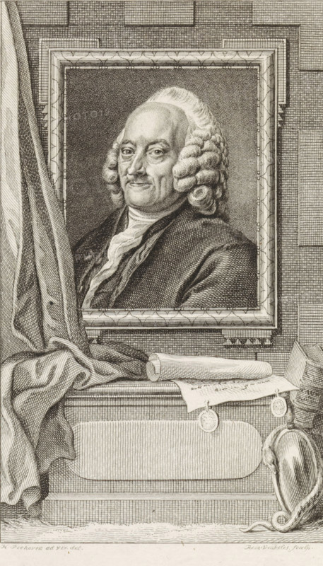 Portrait of Pieter van Bleiswijk, print, Grand Pensionary of Holland., printmaker: Reinier Vinkeles (I), Amsterdam, after drawing by Hendrik Pothoven, 1789, paper, etching, engraving, height 255 mm x width 155 mm, Later state of print used in: Wagenaar, Jan. Vaderlandsche historie, vervattende de geschiedenissen der Vereenigde Nederlanden ... Twee-en-twintigste - vier-en-twintigste deel ... ten onmiddelyken vervolge van Wagenaars Vaderlandsche historie. Amsterdam: Johannes Allart, 1788-1789., Person, Pieter van Bleiswijk, An engraved portrait of an older man with curled hair and a high forehead set inside an ornate rectangular frame, the man shown from the shoulders up wearing a dark coat and a light cravat, his face turned slightly and showing a composed expression; the framed portrait is mounted against a textured background of crosshatched lines and geometric paneling, with a draped cloth falling to the left and partially covering a ledge beneath the frame; on the ledge lie a rolled...