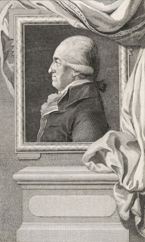Portrait of Jan Bernd Bicker, print, merchant and representative in Amsterdam., FMP 408-a, printmaker: Reinier Vinkeles (I), Amsterdam, 1786 - 1809, paper, etching, engraving, height 235 mm x width 158 mm, Later state print used as book illustration in: Wagenaar, Jan. Vaderlandsche historie, as a continuation of Wagenaar's Vaderlandsche historie. Vol. 1-43. Amsterdam: Johannes Allart, 1786-1809., Person, Jan Bernd Bicker, A black and white engraved portrait shows a man in profile facing left, framed within an ornate rectangular picture frame; he has a powdered hairstyle gathered at the back, a high collar with decorative trim, and layered clothing with textured shading; the frame sits above a carved pedestal with horizontal lines and an oval recessed panel, and draped fabric with folds and crosshatching cascades from the top right across the frame and over the pedestal.