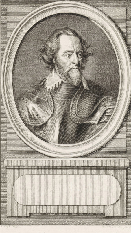 Portrait of Count Hendrik van den Bergh, print, Stadtholder of Spanish Upper Gelderland., inscription: 'Hendrick Graaf van den Bergh 6 dp 2.', printmaker: Reinier Vinkeles (I), Amsterdam, after drawing by Jacobus Buys, 1787, paper, etching, engraving, height 236 mm x width 152 mm, Later state print used as book illustration in: Kok, Jacobus. Vaderlandsch woordenboek : met kaarten, platenen en porttraitten. Amsterdam: Johannes Allart, 1785-1796. Volume VI., Person, Hendrik graaf van den Bergh, An engraved oval portrait set within a rectangular frame shows a three-quarter view of a bearded man wearing armor and a ruffled collar, his wavy hair falling to his shoulders and his gaze directed slightly to the side; the armor features rounded pauldrons with rivet details and textured shading, and the oval is surrounded by concentric carved rings and fine parallel line hatching, all mounted above a pedestal with vertical and horizontal lined patterns and a recessed oval panel.