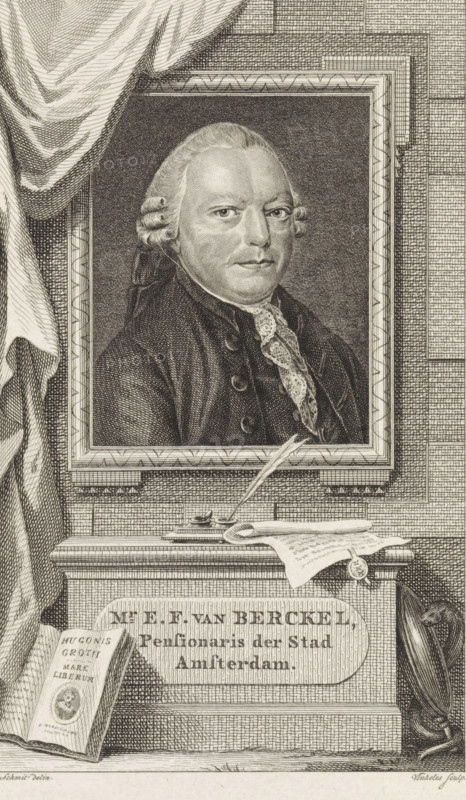 Portrait of Engelbert François van Berckel, print, pensionary of Amsterdam., printmaker: Reinier Vinkeles (I), Amsterdam, after drawing by Schmit, 1787, paper, etching, engraving, etching and engraving, height 228 mm x width 156 mm, Print also used as a book illustration in: Wagenaar, Jan. Vaderlandsche historie, as a continuation of Wagenaar's Vaderlandsche historie. Vol. 1-43. Amsterdam: Johannes Allart, 1786-1809. Second part, 1787., Person, Engelbert François van Berckel, A framed engraved portrait of a man with curled hair pulled back, wearing a dark coat with buttons and a lace cravat, set within an ornate rectangular frame and hung against a textured wall; to the left a draped cloth partially covers the frame, and below the frame a carved ledge holds a quill in an inkwell, a folded sheet of paper with a wax seal, an open book leaning against the ledge, and a rolled umbrella or cane resting at the side.