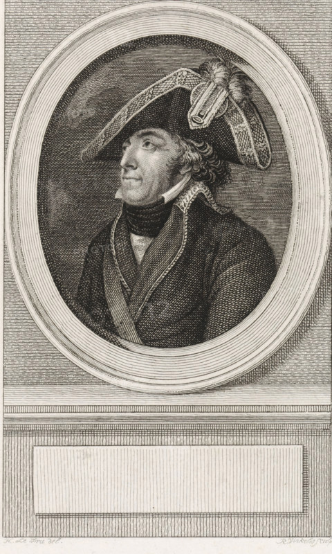 Portrait of Pierre de Riël de Beurnonville, print, Minister of War in France., printmaker: Reinier Vinkeles (I), Amsterdam, after drawing by Hilaire Le Dru, 1793 - 1816, paper, etching, engraving, height 248 mm x width 165 mm, Person, Pierre de Riel de Beurnonville, A monochrome engraved portrait of a man shown in an oval frame, depicted from the chest up and turned slightly to his left, wearing a decorated bicorn hat with plumes and an ornate band, a high-collared coat with visible lapels, and a cravat at his neck; his hair is curled at the sides, his expression is neutral, and fine line shading creates textured shadows on his face, clothing, and the dark background within the oval, while outside the oval there are patterned horizontal lines and a rectangular panel beneath the portrait.