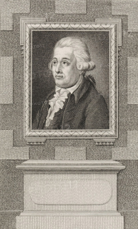 Portrait of Coert Lambertus van Beyma, print, statesman and advocate-fiscal in Harlingen., Van Someren 429, printmaker: Reinier Vinkeles (I), Amsterdam, 1794, paper, etching, engraving, height 230 mm x width 155 mm, Later state print used as book illustration in: Wagenaar, Jan. Vaderlandsche historie, in continuation of Wagenaar's Vaderlandsche historie. Vol. 1-43. Amsterdam: Johannes Allart, 1786-1809. Thirteenth part, 1794., Person, Coert Lambertus van Beyma, A framed engraved portrait of a man with powdered hair styled back and curled at the sides, wearing a dark coat and a ruffled cravat, set against a finely crosshatched background; the frame around the portrait has decorative geometric edging and rests on a textured architectural plinth with rectangular panels and layered molding, all rendered in intricate line work.