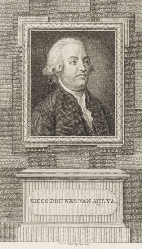 Portrait of Sicco Douwes van Aylva, print, grietman of Oost-Dongeradeel., caption, printmaker: Reinier Vinkeles (I), Amsterdam, 1794, paper, etching, engraving, etching and engraving, height 232 mm x width 155 mm, Print also used as a book illustration in: Wagenaar, Jan. Vaderlandsche historie, as a continuation of Wagenaar's Vaderlandsche historie. Vol. 1-43. Amsterdam: Johannes Allart, 1786-1809. Thirteenth part, 1794., Person, Sicco Douwe van Aylva, A framed engraved portrait of a man in period clothing is shown above a plinth; the man has light-colored hair styled back and curled at the sides, a high forehead, and a composed facial expression, and he wears a dark coat with visible buttons and a light cravat at the neck; the frame around the portrait is decorative with patterned molding and rests against a textured background composed of horizontal and vertical linework, while the plinth beneath the frame has a recessed oval panel and layered base elements, all rendered in fine engr...