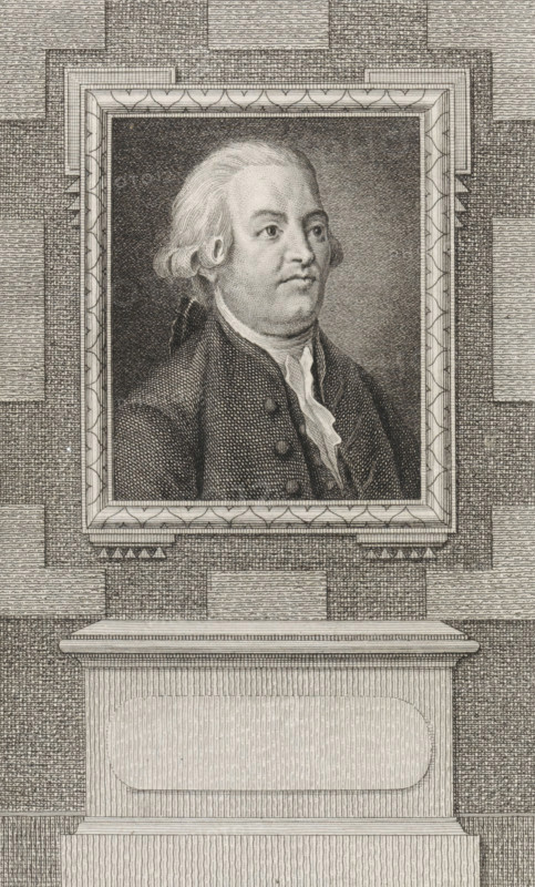 Portrait of Sicco Douwes van Aylva, print, grietman of Oost-Dongeradeel., Van Someren 201, printmaker: Reinier Vinkeles (I), Amsterdam, 1794, paper, etching, engraving, height 230 mm x width 155 mm, Later state print used as book illustration in: Wagenaar, Jan. Vaderlandsche historie, in continuation of Wagenaar's Vaderlandsche historie. Vol. 1-43. Amsterdam: Johannes Allart, 1786-1809. Thirteenth part, 1794., Person, Sicco Douwe van Aylva, A framed engraved portrait of a man with powdered hair tied at the back, wearing a dark coat with buttons and a white cravat, set against a dark stippled background and surrounded by an ornate rectangular frame, all mounted on a textured wall above a simple plinth.