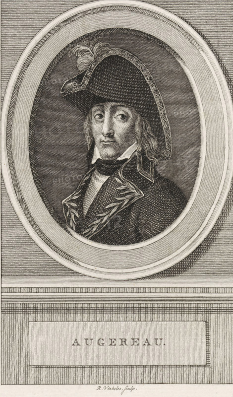 Portrait of Pierre François Charles Augereau, print, Portrait of the French Marshal Pierre François Charles Augereau., printmaker: Reinier Vinkeles (I), Amsterdam, 1751 - 1816, paper, etching, engraving, etching and engraving, height 244 mm x width 169 mm, A framed oval engraving of a person shown from the chest up wearing a dark tricorne hat with decorative edging and a plume, a high-collared coat with embroidered or leaf-like trim along the lapels, a high white neckcloth, and shoulder-length hair; the face is rendered with detailed line work showing a neutral expression and slightly turned gaze; the oval portrait sits within a rectangular engraved background with horizontal and vertical line textures and a rectangular plaque below the portrait containing raised lettering.