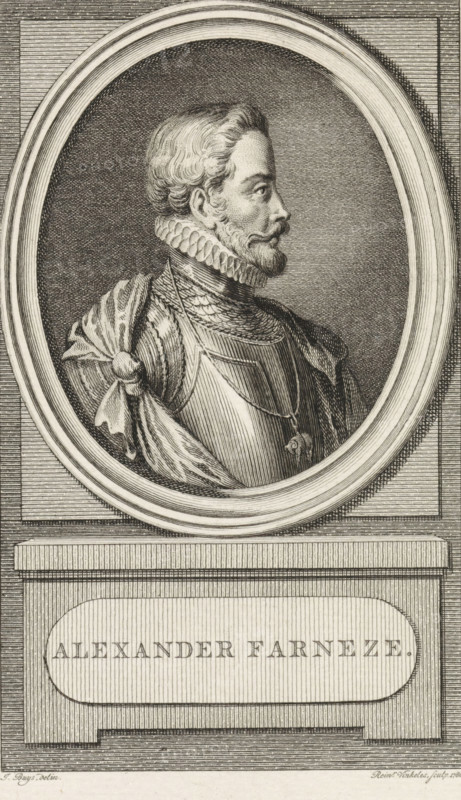 Portrait of Alessandro Farnese, Duke of Parma, print, book illustration, Portrait of Governor Alessandro Farnese, Duke of Parma., printmaker: Reinier Vinkeles (I), Amsterdam, after drawing by Jacobus Buys, publisher: Johannes Allart, 1786, paper, etching, engraving, etching and engraving, height 236 mm x width 151 mm, Print used as book illustration in: Kok, Jacobus. Vaderlandsch woordenboek : met kaarten, 1785-1796. Volume XV., Person, Alessandro Farnese (Governor of the Netherlands and Duke of Parma and Piacenza), A monochrome engraved portrait of a man in profile facing right set within an oval frame, showing his head and upper torso. He has short wavy hair, a trimmed beard and mustache, and a ruffled collar around his neck. He wears a decorative garment with layered textures, a cloak draped over one shoulder fastened with a knot, and a pendant hanging from a chain. The oval sits on a rectangular base with vertical lined shading and a recessed oval panel, all rendered with fine cros...