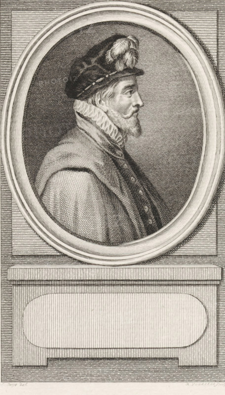 Portrait of Alessandro Farnese, Duke of Parma, print, Portrait of Fadrique Alvarez de Toledo, Spanish Commander in the Netherlands., printmaker: Reinier Vinkeles (I), Amsterdam, after drawing by Jacobus Buys, 1786, paper, etching, engraving, height 236 mm x width 151 mm, Later state print used as book illustration in: Kok, Jacobus. Vaderlandsch woordenboek : met kaarten, platenen en porttraitten. Amsterdam: Johannes Allart, 1785-1796. Volume XVI., Person, Fadrique Alvarez de Toledo, A monochrome engraved portrait shows a bearded man in profile facing right, set within an oval frame; he wears a cap with decorative plumes and a band, a high ruffled collar, and a cloak over a buttoned doublet. The oval sits on a rectangular pedestal with recessed panels and linear texture, and the background inside the oval and around the pedestal is filled with fine crosshatching. The image is composed of intricate engraved lines creating shading and texture throughout the clothing, frame, and background...