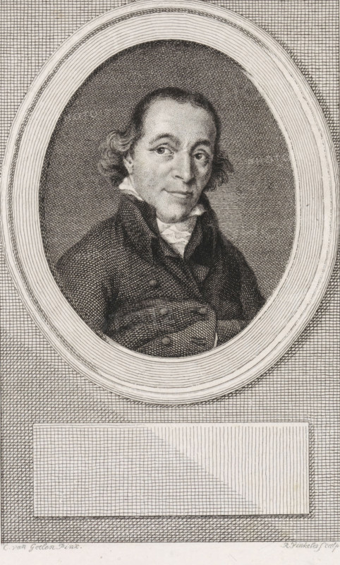 Portrait of Cornelis van der Aa, print, Portrait of the historian Cornelis van der Aa., printmaker: Reinier Vinkeles (I), Amsterdam, after painting by Christiaan van Geelen, 1807, paper, etching, engraving, height 245 mm x width 167 mm, Later state print used as book illustration in: Aa, Cornelis van der. History of the recently ended until the conclusion of the peace at Amiens. Ninth part. Amsterdam: Johannes Allart, 1807., Person, Cornelis van der Aa, A black and white engraved portrait of a middle-aged man shown from the chest up inside an oval frame, with a textured crosshatched background surrounding the oval; the man has wavy hair brushing his ears, a high-collared shirt with a cravat, and a dark double-breasted coat with visible buttons, and his expression is calm with slightly raised eyebrows and a slight smile.