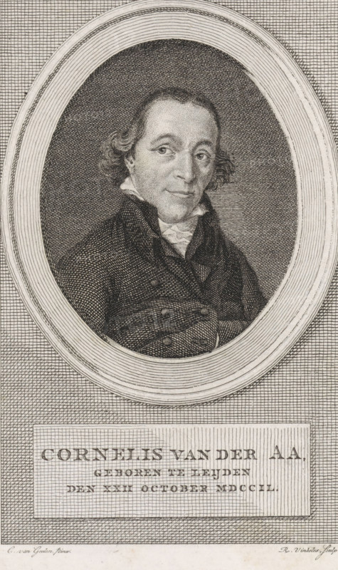 Portrait of Cornelis van der Aa, print, book illustration, Portrait of the historian Cornelis van der Aa., printmaker: Reinier Vinkeles (I), Amsterdam, after painting by Christiaan van Geelen, publisher: Johannes Allart, 1807, paper, etching, engraving, etching and engraving, height 245 mm x width 161 mm, Print used as book illustration in: Aa, 1807., Person, Cornelis van der Aa, A black and white engraved portrait of a man shown from the chest up inside an oval frame, with a textured crosshatched background outside the oval and dense shading within it; the man has short wavy hair, a high collar, layered clothing with a cravat or scarf at his neck, and a composed facial expression with eyes looking slightly to the viewer's left; below the oval is a rectangular panel containing blocks of text that are not described, and the image shows detailed linework and tonal variations throughout.