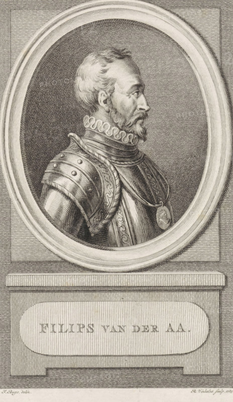 Portrait of Filips van der Aa, print, book illustration, commander in Gorinchem and one of the draftsmen of the Union of Nobles., printmaker: Reinier Vinkeles (I), Amsterdam, after drawing by Jacobus Buys, publisher: Johannes Allart, 1785, paper, etching, engraving, etching and engraving, height 234 mm x width 149 mm, Print used as book illustration in: Kok, Jacobus. Vaderlandsch woordenboek : met kaarten, 1785-1796. Volume I., Person, Filips van der Aa, A detailed black and white engraved portrait shows a man in profile facing right, set within an oval frame. He has short wavy hair and a neatly trimmed beard and mustache. He wears a high ruffled collar and ornate armor with decorative rivets and engraved patterns on the shoulder plate. A medallion hangs from a cord around his neck, resting against his chest plate. The oval frame is mounted on a rectangular plinth with a recessed oval panel. Fine parallel line shading fills the background and the armor, and crosshatching provides textu...