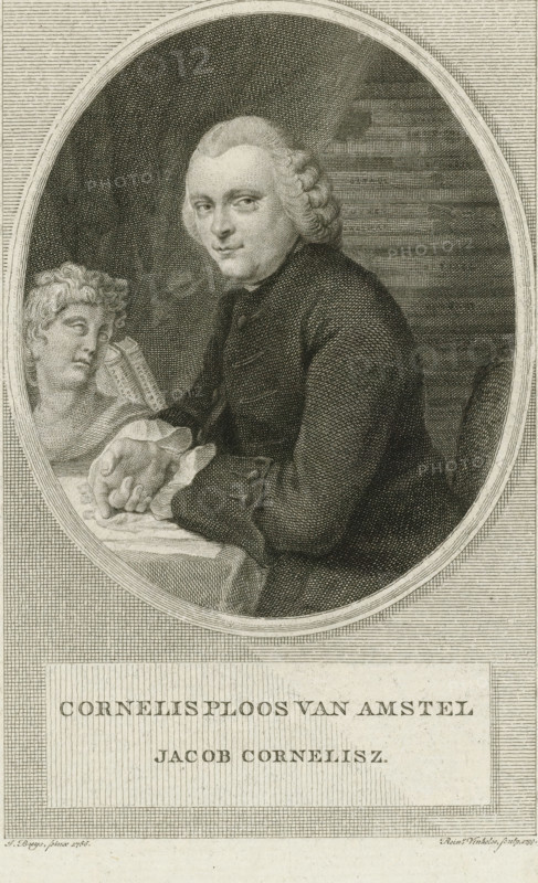Portrait of Cornelis Ploos van Amstel, print, Portrait of the printmaker and draftsman Cornelis Ploos van Amstel, seated at a table with a sculpted bust on it. His hand points to a drawing., printmaker: Reinier Vinkeles (I), Amsterdam, after painting by Jacobus Buys, 1799, paper, etching, engraving, etching and engraving, height 244 mm x width 157 mm, Person, Cornelis Ploos van Amstel, piece of sculpture, reproduction of a piece of sculpture, historical persons, art collector, portrait, self-portrait of graphic artist, book, drawing, sketch, An oval-framed engraved portrait shows a seated man with lightly curled hair wearing a dark coat and leaning his folded hands on a draped table, a sculpted bust positioned beside him and a book partially visible behind the bust, all rendered with fine crosshatching and surrounded by a rectangular border.