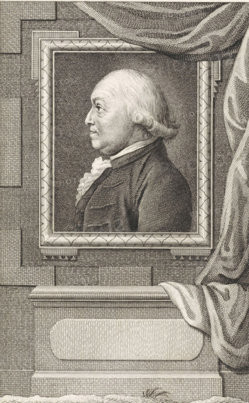 Portrait of Adolph Werner van Pallandt tot Zuthem, print, Commissioner-General of Overijssel., Van Someren 4118, printmaker: Reinier Vinkeles (I), Amsterdam, 1786 - 1809, paper, etching, engraving, height 239 mm x width 161 mm, Later state print used as book illustration in: Wagenaar, Jan. Vaderlandsche historie, in continuation of Wagenaar's Vaderlandsche historie. Vol. 1-43. Amsterdam: Johannes Allart, 1786-1809., Person, Adolph Werner van Pallandt tot Zuthem, A detailed engraved portrait shows an older man in profile facing left, framed within a decorative rectangular picture frame; he has a receding hairline with short, curled hair at the nape, a pronounced nose, and a layered garment with a high collar and ruffled cravat. The frame sits against a textured wall with rectilinear stone blocks and a draped cloth hanging from the upper right corner that folds and cascades down the side. Below the framed portrait a ledge or plinth with molded edges and a recessed oval panel is visible, ...