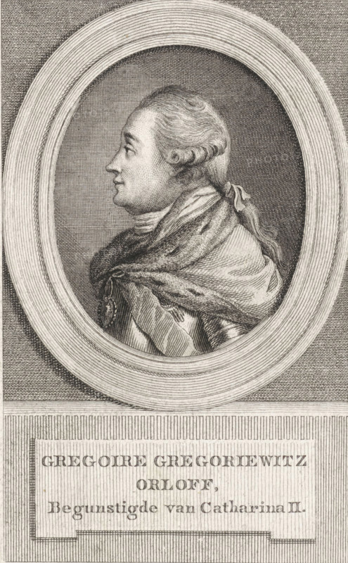 Portrait of the Russian Count Grigory Grigoryevich Orlov, print, printmaker: Reinier Vinkeles (I), Amsterdam, 1751 - 1816, paper, etching, proof print, height 237 mm x width 156 mm, Person, Grigory Grigoryevich Orlov, A monochrome engraved portrait shows a man in profile facing left within an oval frame, his hair styled back and tied with a ribbon, with curled side locks and a smooth forehead; he wears a high collar and a draped cloak with textured fur-like detailing across his shoulder, and a decorative medallion or clasp is partially visible on the cloak; the oval is set against a finely hatched background and surrounded by concentric ridged borders, with a rectangular plinth beneath the oval containing a bordered panel.