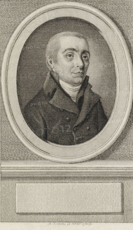 Portrait of Willem Anthonie Ockerse, print, man of letters and minister., printmaker: Reinier Vinkeles (I), Amsterdam, 1786 - 1809, paper, etching, engraving, height 246 mm x width 167 mm, Later state print used as book illustration in: Wagenaar, Jan. Vaderlandsche historie, in continuation of Wagenaar's Vaderlandsche historie. Vol. 1-43. Amsterdam: Johannes Allart, 1786-1809., Person, Willem Anthonie Ockerse, A detailed engraving of a man shown from the chest up inside an oval frame, with a textured background visible within the oval and lined decorative panels outside it. The man has short hair, a high collar, and a double-breasted coat with prominent lapels, rendered with fine crosshatching and stippling that define facial features, clothing folds, and shading. The oval frame has concentric carved rings, and below the portrait there is a rectangular recessed panel bordered by patterned lines. The overall image is monochrome, created with intricate line work and tonal variations.