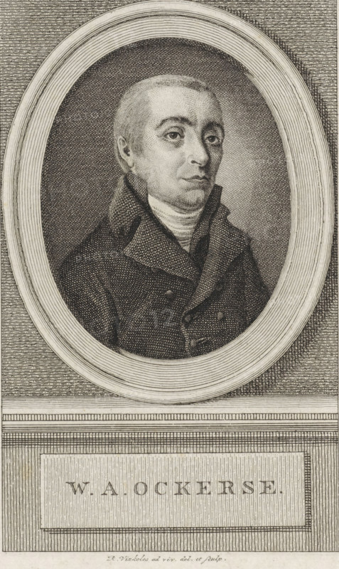Portrait of Willem Anthonie Ockerse, print, man of letters and minister., FMP 3938-a, printmaker: Reinier Vinkeles (I), Amsterdam, 1786 - 1809, paper, etching, engraving, etching and engraving, height 228 mm x width 160 mm, Print also used as a book illustration in: Wagenaar, Jan. Vaderlandsche historie, as a continuation of Wagenaar's Vaderlandsche historie. Vol. 1-43. Amsterdam: Johannes Allart, 1786-1809., Person, Willem Anthonie Ockerse, An etched portrait of a man shown from the chest upward inside an oval frame, wearing a high-collared coat and a wrapped neckcloth, with short hair and a neutral facial expression, all rendered in fine stippled and crosshatched lines against a textured background, and a rectangular panel beneath the oval containing a centered rectangular plaque.