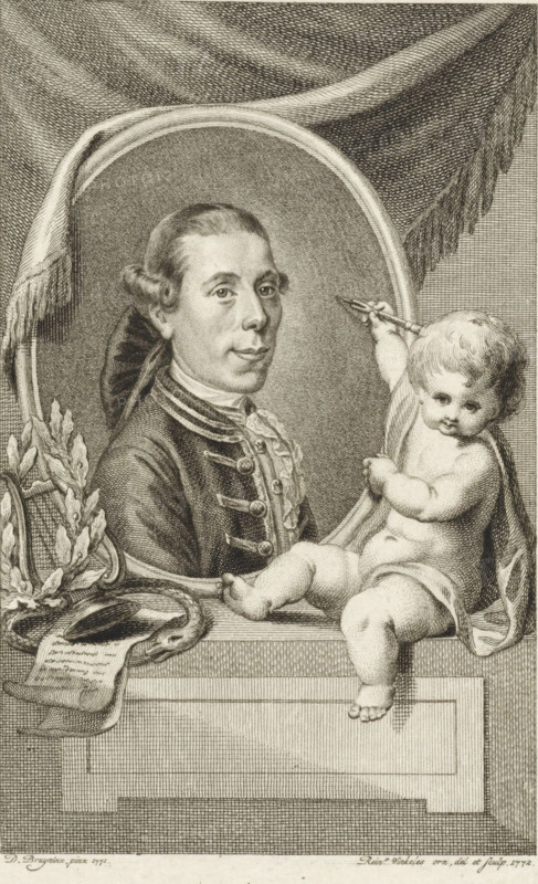 Portrait of Joannes Nomsz, print, writer, poet and playwright. Next to the portrait and putto with an etching needle and on the left a laurel wreath, lyre, sheets of paper with writing on them and the symbol of eternity, the Ouroboros., FMP 3900-f, printmaker: Reinier Vinkeles (I), Amsterdam, after painting by Daniël Bruyninx, 1772, paper, etching, engraving, height 143 mm x width 90 mm, Person, Joannes Nomsz, tools, implements of graphic artist, cupids: 'amores', 'amoretti', 'putti', cithara, psaltery, serpent Ouroboros, honouring the artist with laurel wreath, A finely detailed black and white engraved portrait shows a man in an oval frame wearing a dark coat with decorative buttons and a ruffled cravat, his hair styled and tied at the back, looking slightly toward the viewer. A draped cloth with textured folds hangs above and around the frame. To the right and overlapping the frame, a chubby child with curly hair and a cloth draped around the lower body sits on a ledge, reaching tow...