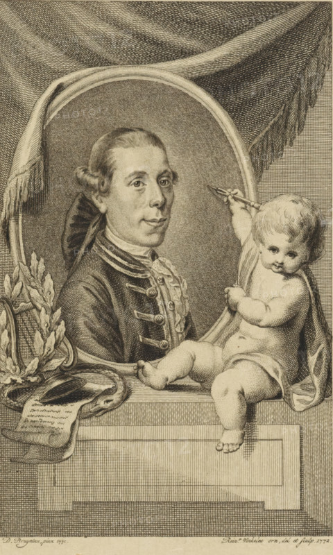 Portrait of Joannes Nomsz, print, writer, poet and playwright. Next to the portrait and putto with an etching needle and on the left a laurel wreath, lyre, sheets of paper with writing on them and the symbol of eternity, the Ouroboros., printmaker: Reinier Vinkeles (I), Amsterdam, after painting by Daniël Bruyninx, 1772, paper, etching, engraving, height 144 mm x width 90 mm, Person, Joannes Nomsz, tools, implements of graphic artist, cupids: 'amores', 'amoretti', 'putti', cithara, psaltery, serpent Ouroboros, honouring the artist with laurel wreath, A finely detailed engraved portrait shows a man framed by an oval within the composition, his hair styled back and tied with a ribbon, wearing a jacket with decorative buttons and a ruffled cravat, his face turned slightly and looking outward. To the right of the frame a chubby naked child sits on the ledge, one arm reaching up and holding a small paintbrush while the other arm rests across the torso, the child’s legs dangling over the edg...