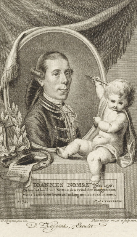 Portrait of Joannes Nomsz, print, writer, poet and playwright. Next to the portrait and putto with an etching needle and on the left a laurel wreath, lyre, sheets of paper with writing on them and the symbol of eternity the Ouroboros., printmaker: Reinier Vinkeles (I), Amsterdam, after painting by Daniël Bruyninx, writer (clerical worker): Pieter Johannes Uylenbroek, publisher: David Klippink, 1772, paper, etching, engraving, etching and engraving, height 143 mm x width 90 mm, Person, Joannes Nomsz, tools, implements of graphic artist, cupids: 'amores', 'amoretti', 'putti', cithara, psaltery, serpent Ouroboros, honoring the artist with laurel wreath, An engraved portrait of a man shown in an oval frame, facing slightly to the viewer’s left, wearing a dark coat with decorative buttons and a high ruffled collar, his hair styled back and tied. A draped cloth frames the top of the composition with visible folds and fringed edge. To the right of the oval a chubby, partially draped child sit...