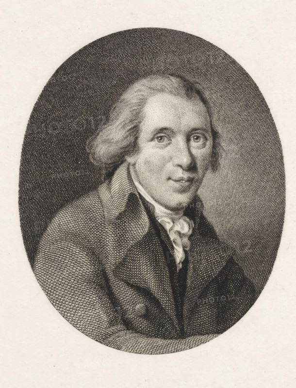 Portrait of Pieter Nieuwland, print, professor of mathematics and astronomy., inscription: 'Pieter Nieuwland without frame Extra rare', printmaker: Reinier Vinkeles (I), Amsterdam, after painting by Adriaan de Lelie, 1802 - 1803, paper, etching, proof print, height 232 mm x width 160 mm, Later state print also used as book illustration in: Wagenaar, Jan. Vaderlandsche historie, as a continuation of Wagenaar's Vaderlandsche historie. Vol. 1-43. Amsterdam: Johannes Allart, 1786-1809., Person, Pieter Nieuwland, An engraved portrait of a man shown from the chest upward within an oval frame, featuring a lightly lined face with wide eyes and a slight smile, shoulder-length hair combed back and fuller at the sides, a high-collared coat with textured crosshatching and a visible cravat at the neck, all rendered in fine stippling and line work against a dark crosshatched oval background.