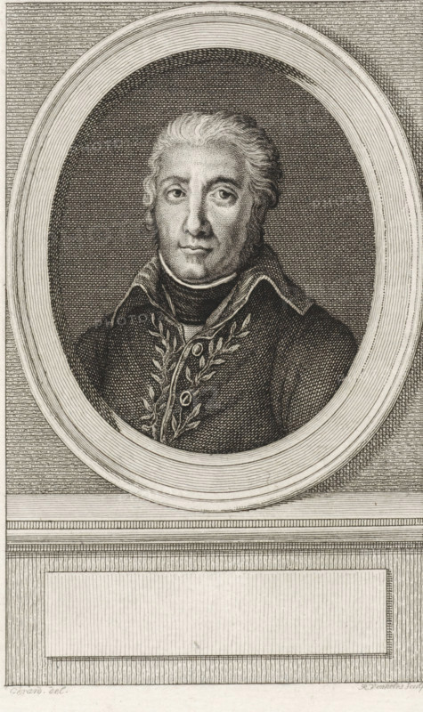 Portrait of Jean Victor Marie Moreau, print, Portrait of French revolutionary general Jean Victor Marie Moreau., printmaker: Reinier Vinkeles (I), Amsterdam, after drawing by Gérard, 1786 - 1809, paper, etching, engraving, height 249 mm x width 166 mm, Later state print probably used as a book illustration in: Wagenaar, Jan. Fatherland history, a continuation of Wagenaar's Fatherland history. Dl. 1-43. Amsterdam: Johannes Allart, 1786-1809., Person, Jean Victor Marie Moreau, An engraved oval portrait shows a bust of a man with wavy hair combed back, a high collar, and a dark coat decorated with a leafy laurel motif; he faces slightly to the viewer’s left with a neutral expression and detailed shading around the eyes and cheekbones, set against a textured dark oval ground and surrounded by concentric oval bands, all placed on a vertically lined rectangular panel with decorative border lines below.