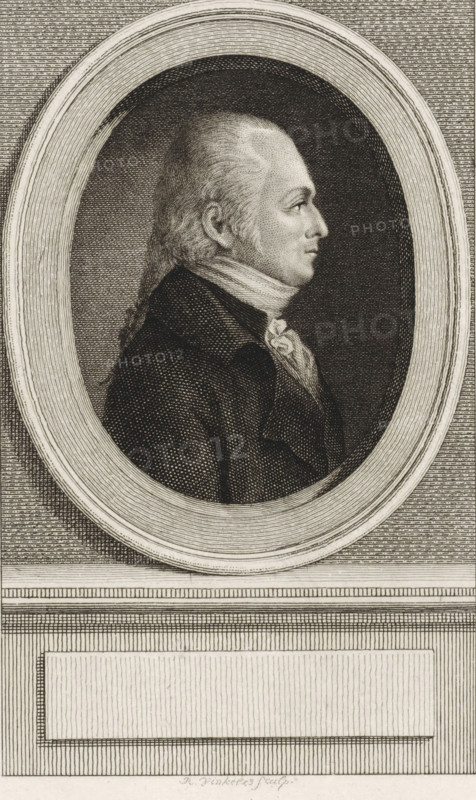 Portrait of Jacob Abraham Uitenhage de Mist, print, statesman and delegate to the National Assembly., printmaker: Reinier Vinkeles (I), Amsterdam, 1786 - 1809, paper, etching, engraving, height 238 mm x width 151 mm, Later state print used as book illustration in: Wagenaar, Jan. Vaderlandsche historie, in continuation of Wagenaar's Vaderlandsche historie. Vol. 1-43. Amsterdam: Johannes Allart, 1786-1809., Person, Jacob Abraham Uitenhage de Mist, A monochrome engraved portrait shows a man in profile facing right inside an oval frame; he has a high forehead, receding hair tied back, and side whiskers, and he wears a dark coat with a high collar and a light cravat at his neck. The oval is set against a textured background with parallel lines, and below the oval is a decorative rectangular panel with lined shading and a smaller blank rectangular inset. The engraving uses fine crosshatching and stippling throughout to render shading and texture.