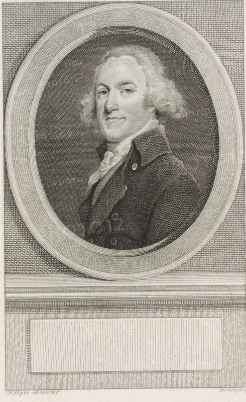 Portrait of Casparus Meijer, print, member of the National Assembly and ambassador to Paris., Van Someren 3660, printmaker: Reinier Vinkeles (I), Amsterdam, after drawing by Charles Howard Hodges, 1786 - 1809, paper, etching, proof print, height 242 mm x width 154 mm, Later state of print used as book illustration in: Wagenaar, Jan. Vaderlandsche historie, as a continuation of Wagenaar's Vaderlandsche historie. Vol. 1-43. Amsterdam: Johannes Allart, 1786-1809., Person, Casparus Meijer, A monochrome engraved portrait of a man shown from the chest up within an oval frame, set against a textured background. The man faces slightly to his left with a composed expression, light wavy hair framing his face, and dressed in a high-collared coat with visible buttons and a cravat at the neck. The oval frame has concentric lined detailing and rests above a sectioned rectangular panel with lined and crosshatched textures. The engraving uses fine lines and crosshatching throughout to create shading a...