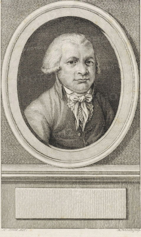 Portrait of Johannes Henricus Midderigh, print, delegate to the National Assembly., FMP 3635-a, printmaker: Reinier Vinkeles (I), Amsterdam, after drawing by N. Dries, 1786 - 1809, paper, etching, proof, height 246 mm x width 167 mm, Later state print used as book illustration in: Wagenaar, Jan. Vaderlandsche historie, in continuation of Wagenaar's Vaderlandsche historie. Vol. 1-43. Amsterdam: Johannes Allart, 1786-1809., Person, Johannes Henricus Midderigh, A finely detailed black and white engraved portrait shows a man framed within an oval border set against a textured rectangular background. The man faces forward with a neutral expression, powdered hair styled away from the face and curled near the ears, dressed in period clothing including a high-collared shirt and a decorative tied cravat. Concentric lines form the oval frame and a patterned backdrop surrounds it, while below the oval a panel with horizontal and vertical linear textures occupies the lower portion of the image.