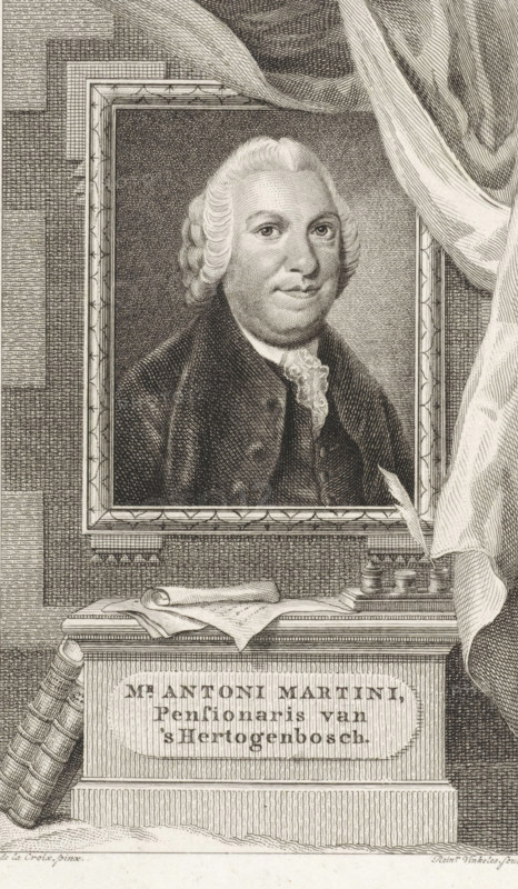 Portrait of Antoni Martini, print, pensionary of Den Bosch., printmaker: Reinier Vinkeles (I), Amsterdam, after painting by Pieter Frederik de la Croix, 1786 - 1809, paper, etching, height 232 mm x width 154 mm, Print also used as a book illustration in: Wagenaar, Jan. Vaderlandsche historie, as a continuation of Wagenaar's Vaderlandsche historie. Vol. 1-43. Amsterdam: Johannes Allart, 1786-1809., Person, Antoni Martini, A detailed engraved portrait of a man shown within an ornate rectangular frame, his face facing forward with a composed expression and powdered wig with curled sides, dressed in a dark coat and a lace cravat; the framed portrait sits amid a textured background with draped fabric folding over the top right corner, a pedestal beneath the frame holds a rolled document and a cloth, alongside a set of inkwells and a quill, and a large bound book leans against the pedestal on the left.