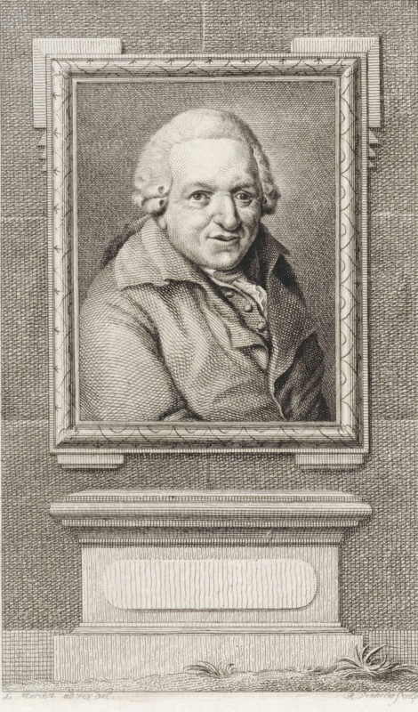 Portrait of Pieter Jan Marcus, print, Mayor of Leiden., Van Someren 3471, printmaker: Reinier Vinkeles (I), Amsterdam, after drawing by Louis Moritz, 1786 - 1809, paper, etching, proof print, height 235 mm x width 159 mm, Later state print also used as book illustration in: Wagenaar, Jan. Vaderlandsche historie, as a continuation of Wagenaar's Vaderlandsche historie. Vol. 1-43. Amsterdam: Johannes Allart, 1786-1809., Person, Pieter Jan Marcus, A framed engraved portrait of an older man with curled hair, visible from the chest up, wearing a collared coat and a cravat, his face turned slightly toward the viewer with a neutral expression; the frame is ornate with patterned borders and is set against a textured background, mounted above a decorative plinth with carved molding and a recessed panel, and a small tuft of grass at the base.