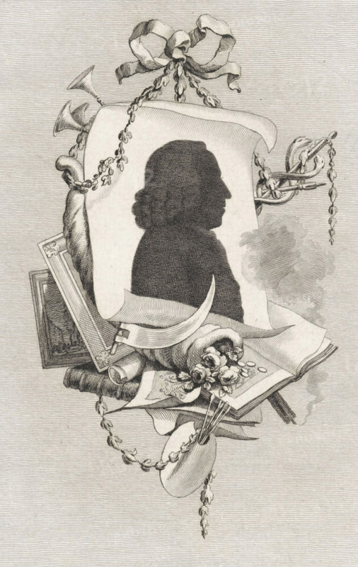 Silhouette of Hendrik van Maarseveen, print, Silhouette of the artist Hendrik van Maarseveen. Next to the portrait, an extinguished torch. At the top, trumpets and a caduceus, the attribute of Mercury. At the bottom, a horn of plenty and paintings, drawings, and a print album., printmaker: Reinier Vinkeles (I), Amsterdam, 1793, paper, etching, height 235 mm x width 158 mm, Person, Hendrik van Maarseveen, 'Cornucopia', Horn of Plenty, caduceus (staff with two snakes, attribute of Mercury), drawing, sketch, palette, frame of painting, A detailed black and white engraving shows a dark silhouette profile of a person on a rectangular sheet of paper framed by decorative elements; a ribbon tied in a bow tops the composition with a beaded garland hanging from it, and ornamental horns project from behind the paper. Surrounding the central sheet are rolled and open books, a curved blade resting across a scroll, a cluster of flowers, and a small framed picture partially visible. Beaded chains and...