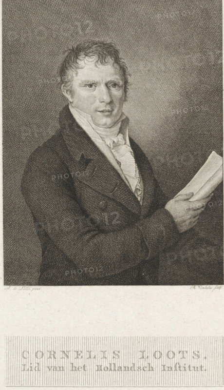 Portrait of Cornelis Loots, print, Portrait of the poet Cornelis Loots, with a sheet of paper in his hand, as a member of the Hollands Instituut., printmaker: Reinier Vinkeles (I), Amsterdam, after painting by Adriaan de Lelie, 1813, paper, etching, height 253 mm x width 164 mm, Print used in: Loots, Cornelis. Poem on the occasion of the second centenary of the Amsterdam Stock Exchange. Amsterdam: J. Ruys, 1813., Person, Cornelis Loots, A monochrome engraved portrait of a man shown from the torso up, turned slightly to his right and holding a folded sheet of paper in his right hand; he has short wavy hair, a high collar, and layered clothing with a textured coat and a ruffled shirt visible at the neckline, and a densely crosshatched background surrounding him.