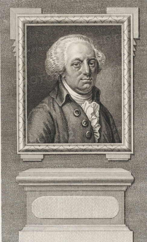 Portrait of Cornelis Johan de Lange van Wijngaarden, print, alderman and councilor of Gouda., printmaker: Reinier Vinkeles (I), after drawing by Hendrik Pothoven, 1786 - 1809, paper, etching, engraving, height 235 mm x width 157 mm, Later state print also used as book illustration in: Wagenaar, Jan. Vaderlandsche historie, in continuation of Wagenaar's Vaderlandsche historie. Vol. 1-43. Amsterdam: Johannes Allart, 1786-1809., Person, Cornelis Johan de Lange van Wijngaarden, A framed engraved portrait of an older man with a powdered wig, visible from the chest up, wearing a coat with a high collar and three prominent round buttons and a ruffled cravat at the neck; the face shows a calm expression with detailed shading around the eyes, nose, and mouth. The portrait sits within an ornate rectangular frame with patterned inner molding and a textured background behind the figure. Below the frame is a sculpted pedestal with layered horizontal ledges and an inset oval panel, all rendered with...