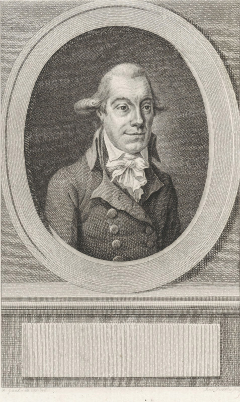 Portrait of Nicolaas Cornelis Lambrechtsen van Ritthem, print, pensionary of Vlissingen., printmaker: Reinier Vinkeles (I), Amsterdam, after drawing by Pieter Gaal, 1794, paper, etching, proof print, height 230 mm x width 156 mm, Later state print also used as book illustration in: Wagenaar, Jan. Vaderlandsche historie, in continuation of Wagenaar's Vaderlandsche historie. Vol. 1-43. Amsterdam: Johannes Allart, 1786-1809., Person, Nicolaas Cornelis Lambrechtsen van Ritthem, An engraved portrait of a man shown from the chest up within an oval frame, rendered in fine parallel and cross-hatched lines, depicting him with a high forehead, swept-back hair that curls at the sides, and an alert expression with slightly raised eyebrows and a closed mouth; he wears a high-collared coat with rows of rounded buttons and a large, ruffled cravat at his neck, and the oval sits against a textured rectangular background above a blank rectangular panel, all executed in monochrome engraving.