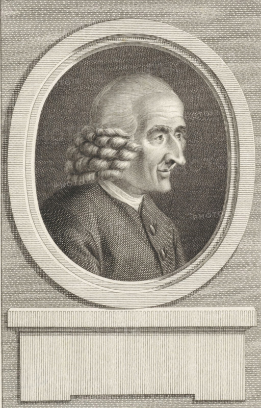 Portrait of the Dutch poet Jan de Kruyff, print, FMP 3044-b, printmaker: Reinier Vinkeles (I), Amsterdam, after painting by Louis Bernard Coclers, 1775 - 1784, paper, etching, engraving, height 218 mm x width 141 mm, Person, Jan de Kruyff (1706-1775), An engraved oval portrait shows a right-facing bust of an older individual with a high forehead and tightly curled side hair arranged in horizontal rows, wearing a buttoned coat and a visible collar, all rendered in fine parallel and cross-hatched lines; the portrait is set within a decorative double-ringed oval frame against a textured background, above a plinth-like rectangular base beneath the oval.
