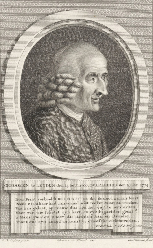 Portrait of the Dutch poet Jan de Kruyff, print, printmaker: Reinier Vinkeles (I), after painting by Louis Bernard Coclers, writer (clerical worker): Pieter Vreede, publisher: Yntema & Tieboel, Amsterdam, 1775 - 1784, writer (clerical worker), paper, etching, engraving, etching and engraving, height 218 mm x width 141 mm, Person, Jan de Kruyff (1706-1775), An engraved oval portrait of an older man in profile facing right, with a high forehead, prominent nose, and tightly curled hair arranged in rows at the sides and pulled back on top, shown from the shoulders upward wearing a buttoned coat and a visible collar, set against a densely hatched dark background and framed by a decorative concentric oval border, with a rectangular panel containing dense patterned engraving below the portrait and a wider textured background filling the outer area.