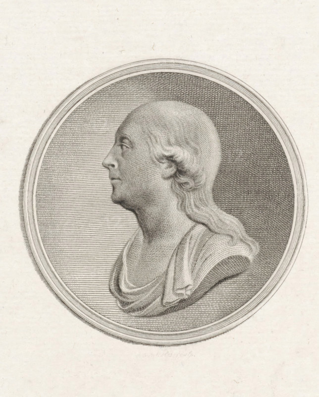 Portrait of Jan Hendrik van Kinsbergen, print, Portrait of the Dutch Admiral Jan Hendrik van Kinsbergen, as an antique bust., printmaker: Reinier Vinkeles (I), Amsterdam, after design by Charles Howard Hodges (possibly), 1806 - 1816, paper, etching, height 275 mm x width 205 mm, Person, Jonkheer Jan Hendrik van Kinsbergen, An engraved oval medallion contains a left-facing bust of a person with long wavy hair, a pronounced profile, and a draped garment; the background inside the oval shows fine horizontal and crosshatch linework, and the surrounding paper is light with subtle paper texture.