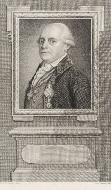 Portrait of Jan Hendrik van Kinsbergen, print, Portrait of the Dutch Admiral Jan Hendrik van Kinsbergen, as Rear Admiral., printmaker: Reinier Vinkeles (I), Amsterdam, after drawing by Johan Friedrich Bürckman, 1785, paper, etching, proof print, height 235 mm x width 158 mm, Later state print also used as book illustration in: Wagenaar, Jan. Vaderlandsche historie, as a continuation of Wagenaar's Vaderlandsche historie. Vol. 1-43. Amsterdam: Johannes Allart, 1786-1809., Person, Jonkheer Jan Hendrik van Kinsbergen, A framed engraved portrait of a man displayed above a plinth, rendered in fine crosshatching. The man is shown from the chest up, turned slightly to one side with a neutral expression and powdered hair styled back. He wears a high-collared shirt with ruffled front, a dark coat with decorative trim on the collar, and several medals and ribbons pinned to his chest. The rectangular frame around the portrait has a patterned inner border and sits against a textured background. Bel...