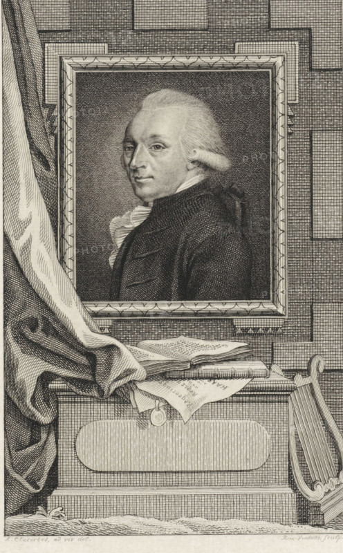 Portrait of Pieter Leonard van de Kasteele, print, Portrait of the Haarlem regent and man of letters Pieter Leonard van de Kasteele., printmaker: Reinier Vinkeles (I), Amsterdam, after drawing by Augustijn Claterbos, 1786 - 1809, paper, etching, engraving, height 235 mm x width 155 mm, Later state print also used as book illustration in: Wagenaar, Jan. Vaderlandsche historie, in continuation of Wagenaar's Vaderlandsche historie. Vol. 1-43. Amsterdam: Johannes Allart, 1786-1809., Person, Pieter Leonard van de Kasteele, An engraved portrait of a man shown from the shoulders up inside a rectangular ornate frame mounted on a textured wall, the man facing slightly to viewer's right with powdered hair styled back and a curled queue, wearing a dark coat and a light ruffled collar; a draped curtain falls from the upper left across the lower left corner, partially covering a stack of open and closed books and loose sheets resting on a carved pedestal with an oval recessed panel, a ribboned seal...
