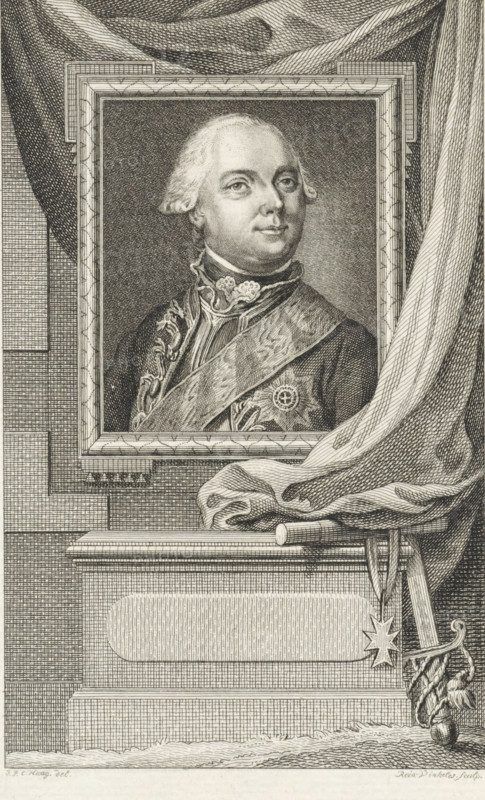 Portrait of Charles Christian, Prince of Nassau-Weilburg, print, printmaker: Reinier Vinkeles (I), Amsterdam, after drawing by Tethart Philip Christian Haag, 1786 - 1809, paper, etching, proof, height 234 mm x width 153 mm, Later state print presumably used as a book illustration in: Wagenaar, Jan. Vaderlandsche historie, as a continuation of Wagenaar's Vaderlandsche historie. Vol. 1-43. Amsterdam: Johannes Allart, 1786-1809., Person, Charles Christian Prince of Nassau-Weilburg, A framed engraved portrait of a man with powdered hair and a composed expression hangs against a textured background, the man shown from the chest up wearing ornate clothing with decorative embroidery, a sash across his chest, and a star-shaped medal; the frame rests above a ledge draped with a flowing curtain that cascades beside and in front of the frame, partially covering a horizontal rod and a rope with a tassel and an ornamental star attached, all rendered in fine cross-hatched lines.