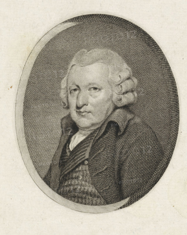 Portrait of Koenraad Hovens, print, member of the National Assembly., printmaker: Reinier Vinkeles (I), Amsterdam, after painting by Charles Howard Hodges, 1786 - 1809, paper, etching, engraving, height 243 mm x width 159 mm, Later state print also used as book illustration in: Wagenaar, Jan. Vaderlandsche historie, ten vervolge van Wagenaars Vaderlandsche historie. Vol. 1-43. Amsterdam: Johannes Allart, 1786-1809., Person, Koenraad Hovens, An engraved portrait of an older person shown from the chest up inside an oval frame, with textured cross-hatching filling the background and the figure rendered in fine etched lines; the person has a round face, short curled hair on the sides, a high forehead, slightly downturned eyes, and pursed lips, wearing a collared coat over a patterned waistcoat and a shirt with a visible neckline.