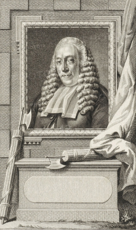 Portrait of Hendrik Danielsz. Hooft, print, Mayor of the City of Amsterdam. Below the portrait two fasces., printmaker: Reinier Vinkeles (I), Amsterdam, after drawing by Hendrik Pothoven, 1786 - 1809, paper, etching, proof print, height 225 mm x width 153 mm, Later state print also used as book illustration in: Wagenaar, Jan. Vaderlandsche historie, as a continuation of Wagenaar's Vaderlandsche historie. Vol. 1-43. Amsterdam: Johannes Allart, 1786-1809., Person, Hendrik Danielsz. Hooft, symbols and allegories of law, 'Legge', 'Legge civile' (Ripa) ('fasces cum securibus'), A framed engraved portrait of a man with long curled hair and a formal collar is centered in the image, surrounded by a decorative rectangular border set into a textured wall. The man’s face is detailed with a composed expression and shading that emphasizes facial features and hair curls. To the left of the frame a bundled rod leans upward, and below the frame a carved ledge with ornamental molding supports a cylindr...