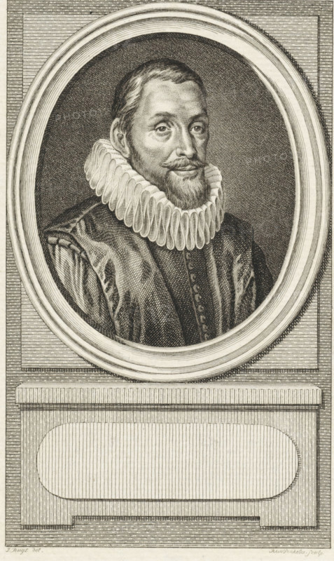 Portrait of Festus Hommius, print, minister in Leiden., inscription: 'Festus Hommius Predikant, te Leiden, 21 dp 1', FMP 2282-c, printmaker: Reinier Vinkeles (I), Amsterdam, after drawing by Jacobus Buys, 1789, paper, etching, engraving, height 237 mm x width 154 mm, Later state print used as book illustration in: Kok, Jacobus. Vaderlandsch woordenboek : met kaarten, platenen en porttraitten. Amsterdam: Johannes Allart, 1785-1796. Volume XXI., Person, Nicolaas Heinsius, A monochrome engraved portrait shows a man framed by an oval border set into a rectangular panel. He has short hair, a mustache, and a beard, and he wears a high, pleated ruff collar and a dark, buttoned garment with visible folds and textured shading. The oval frame has concentric rings and rests on a plinth with lined and rectangular decorative panels beneath it. Fine parallel hatching and crosshatching fill the background and define the facial features, clothing, and architectural elements.