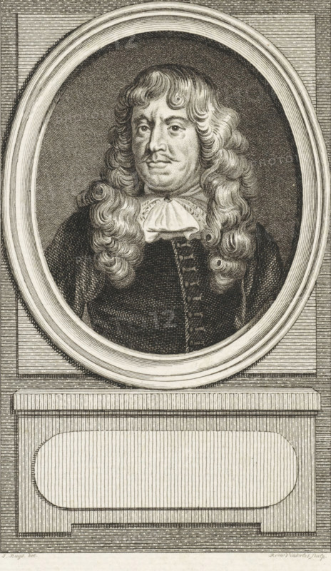 Portrait of Nicolaas Heinsius, print, philologist and poet., inscription: 'Nicolaas Heinsius, Dan. Fil., 20 dp 2.', FMP 2282-c, printmaker: Reinier Vinkeles (I), Amsterdam, after drawing by Jacobus Buys, 1789, paper, etching, proof print, height 237 mm x width 153 mm, Later state print used as book illustration in: Kok, Jacobus. Vaderlandsch woordenboek : met kaarten, platenen en porttraitten. Amsterdam: Johannes Allart, 1785-1796. Volume XX., Person, Nicolaas Heinsius, An engraved portrait of a man shown within an oval frame set against a textured rectangular background, featuring shoulder-length wavy hair, a ruffled neckcloth, and a dark buttoned coat, with detailed line shading creating facial features, hair curls, clothing folds, and the decorative frame and pedestal beneath.