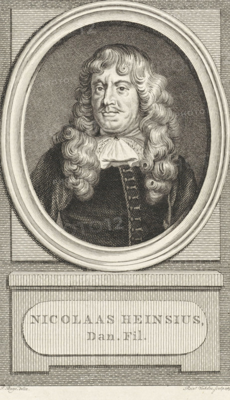 Portrait of Nicolaas Heinsius, print, book illustration, philologist and poet. Top right: XX Vol. pl. III., printmaker: Reinier Vinkeles (I), Amsterdam, after drawing by Jacobus Buys, publisher: Johannes Allart, 1788, paper, etching, height 237 mm x width 154 mm, Print used as a book illustration in: Kok, Jacobus. Vaderlandsch woordenboek : met kaarten, 1785-1796. Volume XX., Person, Nicolaas Heinsius, A black and white engraved portrait of a man shown from the chest up inside an oval frame with a textured background, featuring long wavy hair cascading over his shoulders, a ruffled neckcloth, a dark garment with a row of decorative fastenings down the front, and a calm facial expression with a mustache and slight lines on his face, the oval frame set atop a rectangular pedestal with horizontal and vertical lined shading.