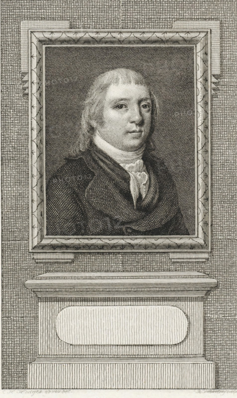 Portrait of Jacob George Jeronimo Hahn, print, Portrait of the Dutch politician Jacob George Jeronimo Hahn., Van Someren 2215, printmaker: Reinier Vinkeles (I), Amsterdam, after drawing by Charles Howard Hodges, 1786 - 1809, paper, etching, proof print, height 239 mm x width 158 mm, Later state print also used as book illustration in: Wagenaar, Jan. Vaderlandsche historie, in continuation of Wagenaar's Vaderlandsche historie. Vol. 1-43. Amsterdam: Johannes Allart, 1786-1809., Person, Jacob George Jeronimo Hahn, A detailed engraved portrait shows a framed image of a man from the chest up, set against a textured background and mounted above a decorative plinth. The figure has medium-length hair with short bangs, a high collar, and a scarf or cravat tied around the neck beneath a dark coat with broad lapels. The face is rendered with fine cross-hatching, showing neutral features and a direct gaze. The rectangular frame surrounding the portrait has ornamental edging with repeating geometri...