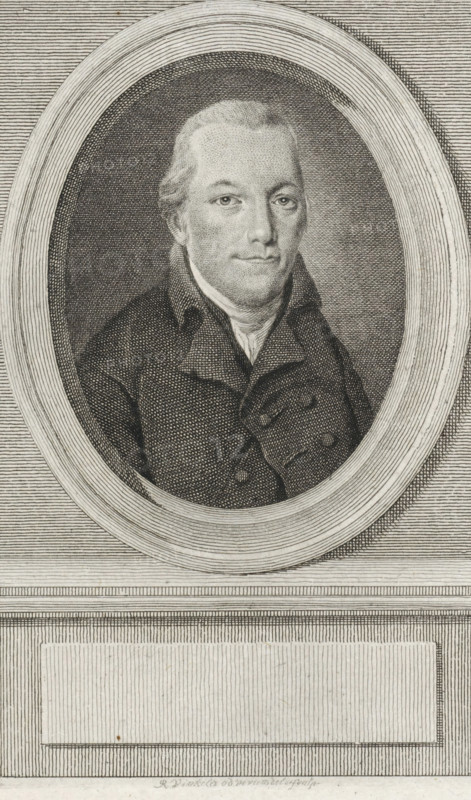 Portrait of Maurits Cornelis van Hall, print, jurist and poet., printmaker: Reinier Vinkeles (I), Amsterdam, 1786 - 1809, paper, etching, proof print, height 243 mm x width 159 mm, Later state print also used as book illustration in: Wagenaar, Jan. Vaderlandsche historie, in continuation of Wagenaar's Vaderlandsche historie. Vol. 1-43. Amsterdam: Johannes Allart, 1786-1809., Person, Maurits Cornelis van Hall, A monochrome engraved portrait shows a man from the chest up inside an oval frame, with fine line shading throughout. The man has a rounded face, light-colored eyes, and short hair combed back; his expression is neutral. He wears a high-collared shirt beneath a double-breasted coat with lapels and visible buttons. The oval frame is set against a textured background of horizontal and crosshatched lines, and below the portrait is a rectangular panel bordered by parallel lines. The engraving uses dense stippling and hatching to render shadows and fabric texture.