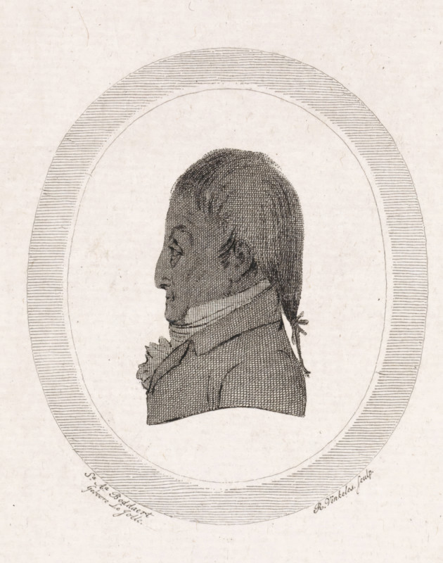 Portrait of Jan Yver, print, Portrait of the Amsterdam art buyer and publisher Jan Yver., printmaker: Reinier Vinkeles (I), Amsterdam, after design by Sara Agatha Boddaert, 1790 - 1813, paper, etching, engraving, etching and engraving, height 0 mm x width 0 mm, Person, Jan Yver, A monochrome engraved profile of a person facing left, showing a head with short hair pulled back into a tied queue and detailed facial features, a high collar and layered clothing around the neck, all rendered with fine crosshatching and stippling inside an oval frame that has closely spaced horizontal lines on its border, set against a textured light background.