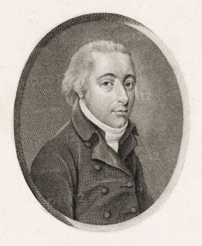 Portrait of Samuel Iperuszoon Wiselius, print, Portrait of the statesman and poet Samuel Iperuszoon Wiselius., printmaker: Reinier Vinkeles (I), Amsterdam, 1785 - 1796, paper, etching, engraving, height 163 mm x width 118 mm, Later state print presumably used as a book illustration in: Kok, Jacobus. Vaderlandsch woordenboek : met kaarten, platenen en porttraitten. Amsterdam: Johannes Allart, 1785-1796., Person, Samuel Iperuszoon Wiselius, An engraved oval portrait of a man shown from the chest upward, rendered in fine crosshatching; he has light-colored, swept-back hair and a clean-shaven face with a calm expression and slightly raised eyebrows; he wears a high-collared shirt with a cravat and a double-breasted coat with visible buttons; the oval frame and densely hatched background contrast with the lighter, textured paper surrounding the portrait.